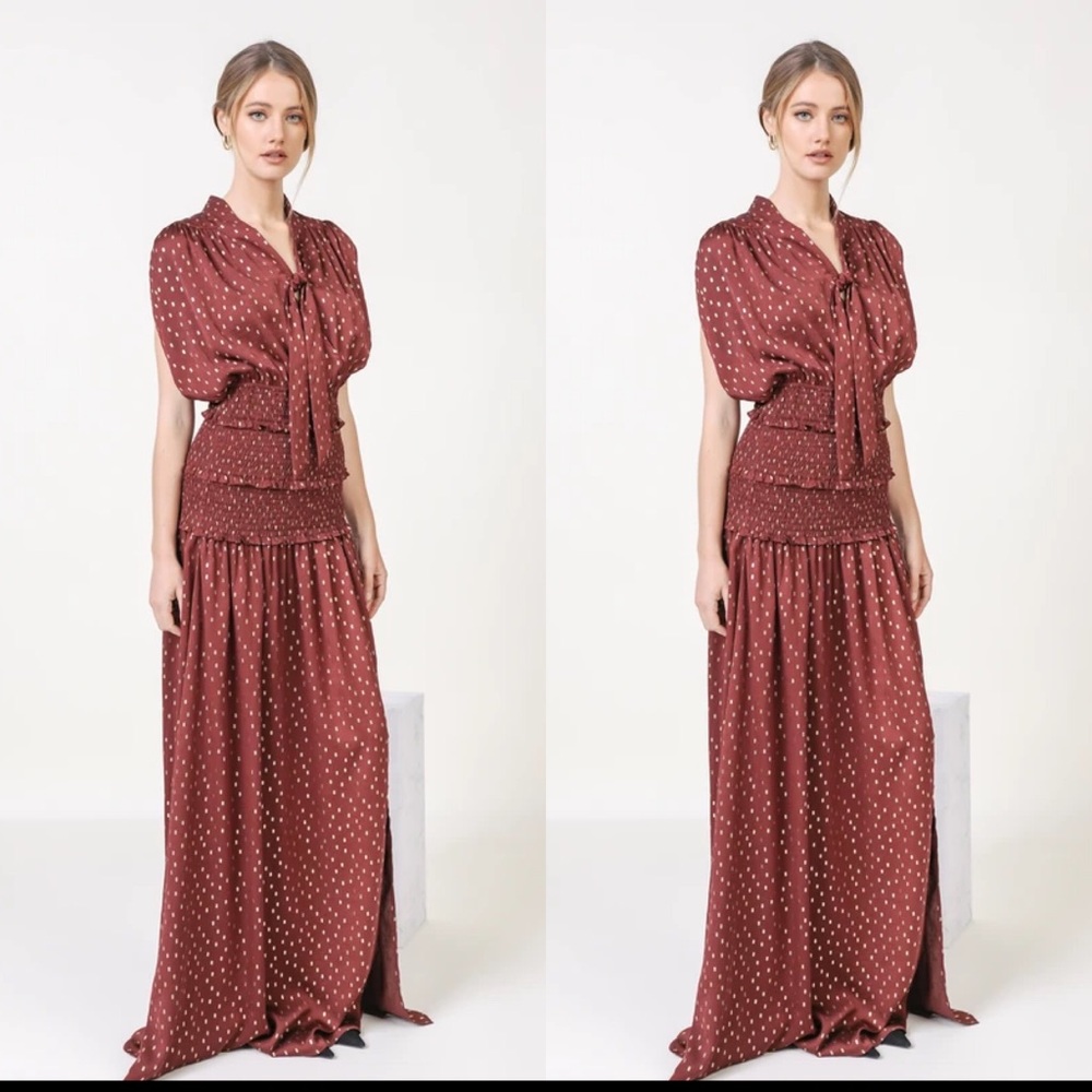 Host Pick Current Air Gold Foil Smocked Maxi Dress - Picture 2 of 4